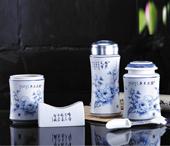 国色天香青花保温杯茶叶罐五件套